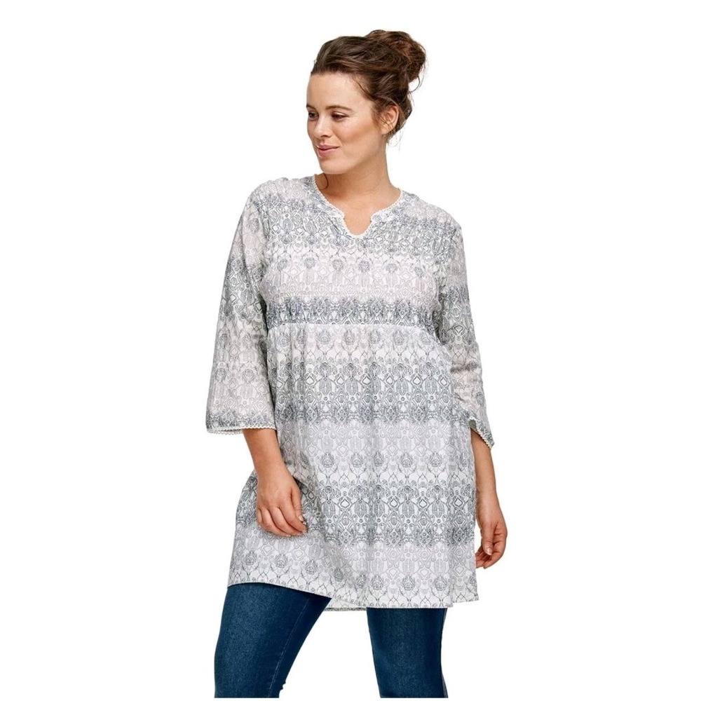 Ellos 1X Blouse Blue & White 100% Cotton Smocked V-Neck Tunic